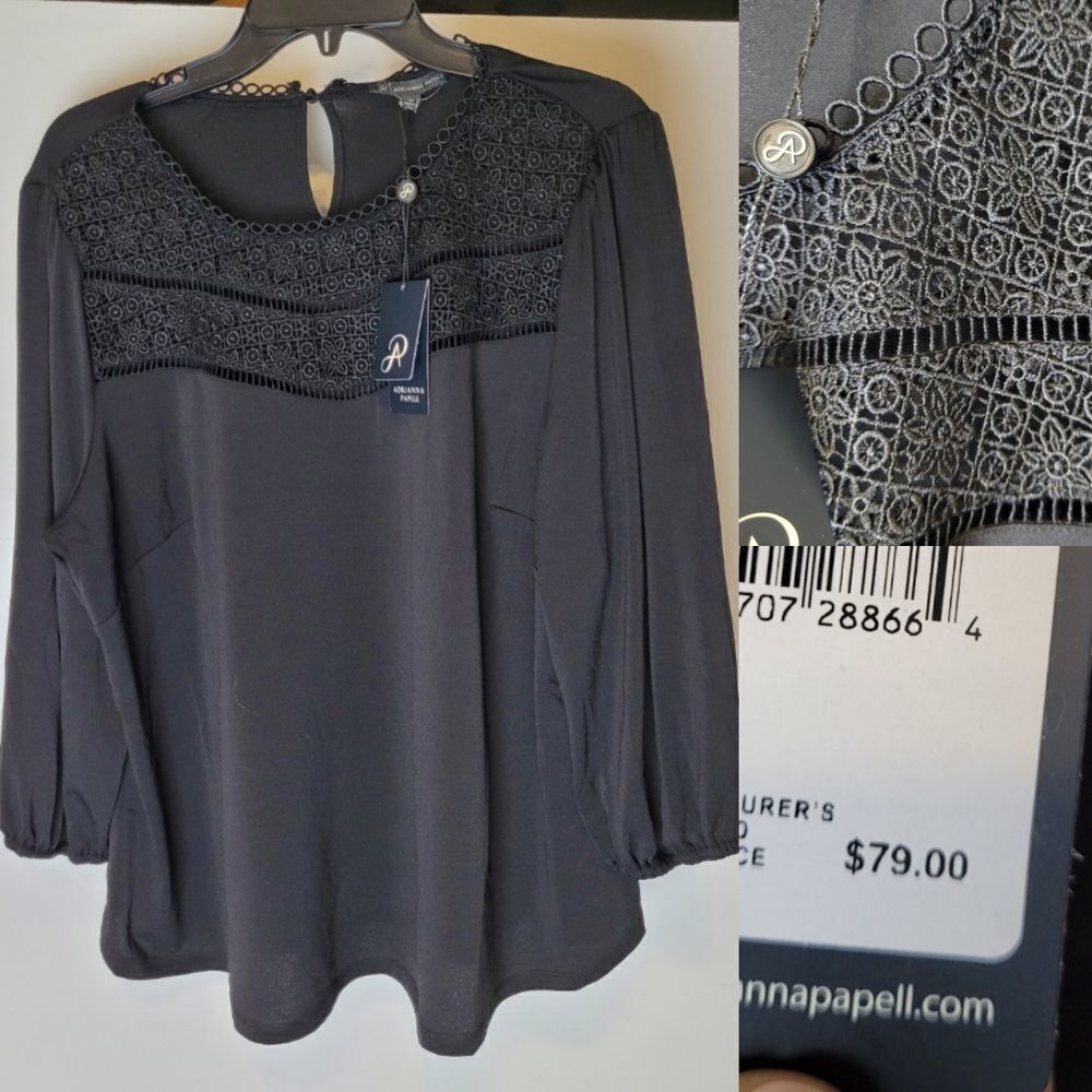 $79 NEW 1X ADRIANNA PAPELL CROCHET TRIM ALL BLACK KEYHOLE CREPE BOHO BLOUSE NWT